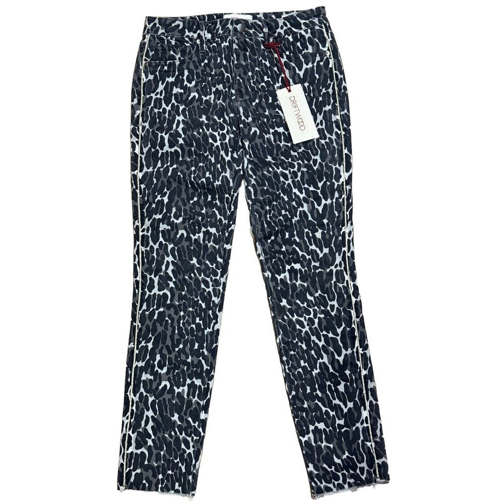 Driftwood Jackie Skinny Jeans Women Size 27 X 28 Raw Hem Leopard Print Denim NWT